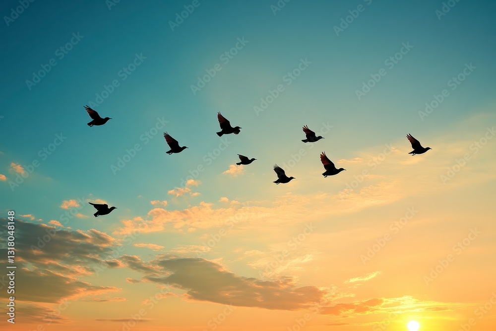 Fototapeta premium Silhouetted Birds in Flight at Sunset