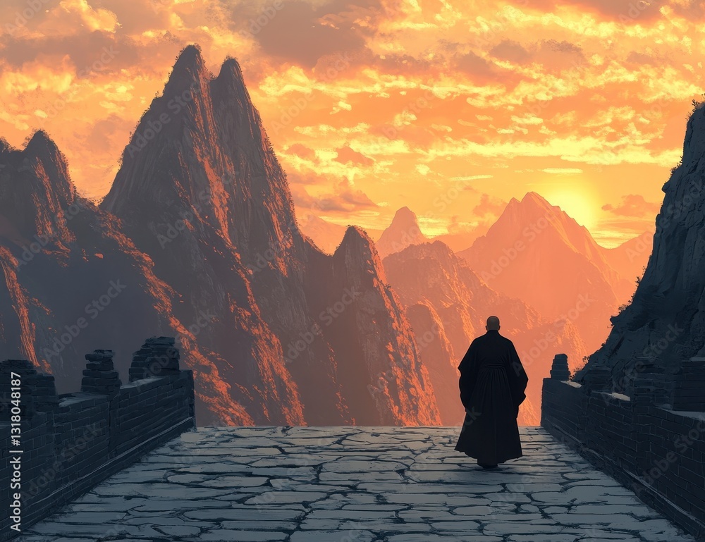 Fototapeta premium Silhouetted Figure on Ancient Pathway at Sunset, Overlooking Majestic Mountains