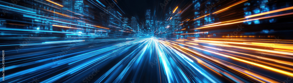 Obraz premium Dynamic cityscape with vibrant light trails and urban skyline