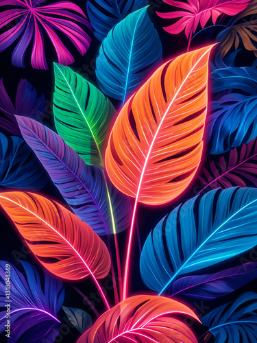 Neon Glowing Tropical Leaves with Bold Colors