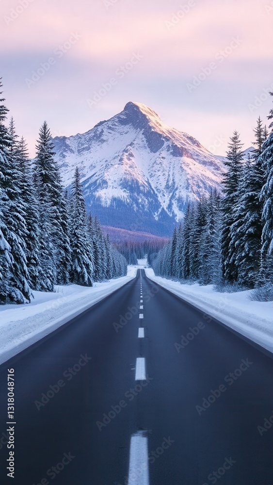 a serene winter scene with a road stretching into the distance, surrounded by snow and trees, with a towering mountain in the background. a serene winter scene with a road stretching into the distance, surrounded by snow and trees, with a towering mountain in the background.