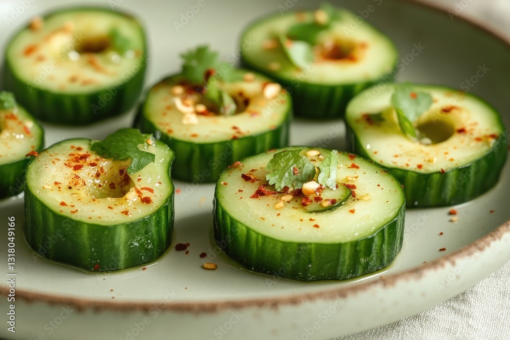 Appetizing arrangement of cucumber slices seasoned on a rustic serving plate Appetizing arrangement of cucumber slices seasoned on a rustic serving plate