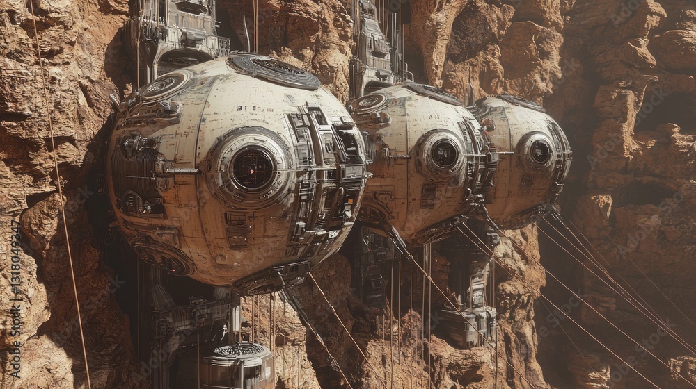 Fototapeta premium Futuristic Martian City Design with Orb-Like Habitats in Canyon