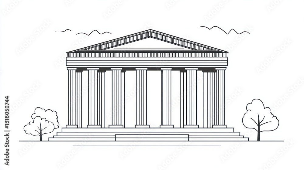 Fototapeta premium Grecian temple line drawing, urban park setting, architectural illustration, website design