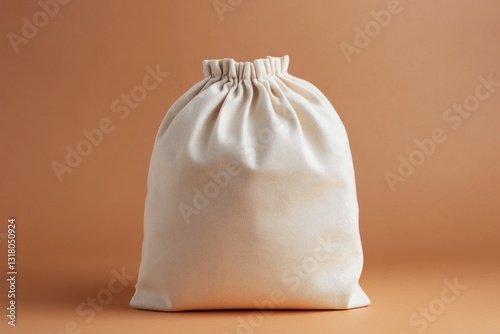White Cotton Drawstring Bag with Subtle Shimmering Pattern on Light Brown Background