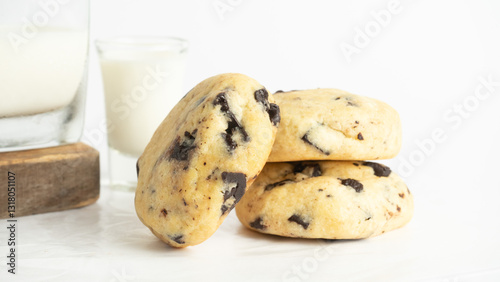 Vanilla chocolate cookies isolated on clean white background. Close up shot stacked cookies concept 