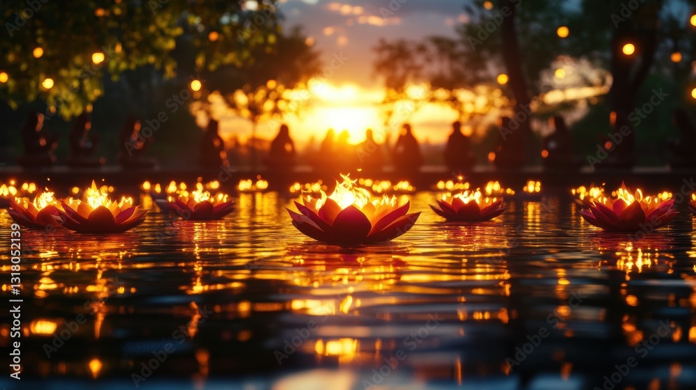 A serene scene featuring illuminated lotus flowers floating on water during sunset, creating a tranquil and enchanting atmosphere. A serene scene featuring illuminated lotus flowers floating on water during sunset, creating a tranquil and enchanting atmosphere.