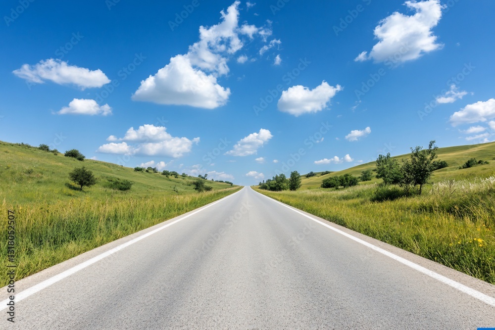 Fototapeta premium Country road stretches into the horizon under a blue sky with fluffy clouds