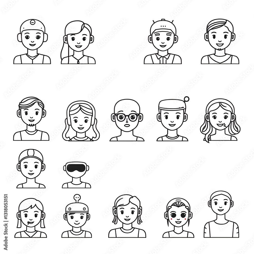 Create a clean, editable line icon set depicting various AI assistants, showcasing diverse styles and functionalities. Include at least one example icon. Create a clean, editable line icon set depicting various AI assistants, showcasing diverse styles and functionalities. Include at least one example icon.