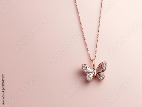 Diamond pendant necklace with a whimsical butterfly design, isolated on a soft pink and white gradient background