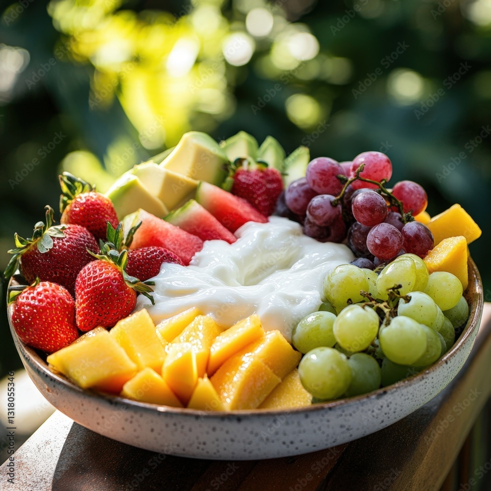 a platter of fresh fruit with yogurt. a platter of fresh fruit with yogurt.