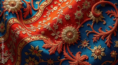 Wallpaper Mural Intricate Gold and Red Embroidery on Teal Fabric A Close-Up View of Luxurious Handcrafted Textile Torontodigital.ca