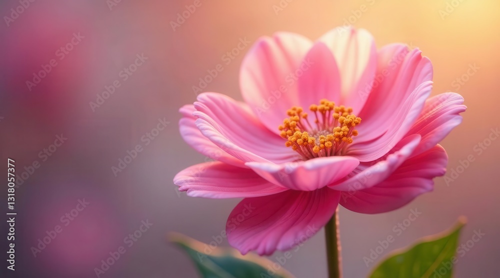 A Delicate Pink Blossom Bathed in the Warmth of the Setting Sun, Its Petals Unfurling in a Gentle Breeze A Delicate Pink Blossom Bathed in the Warmth of the Setting Sun, Its Petals Unfurling in a Gentle Breeze