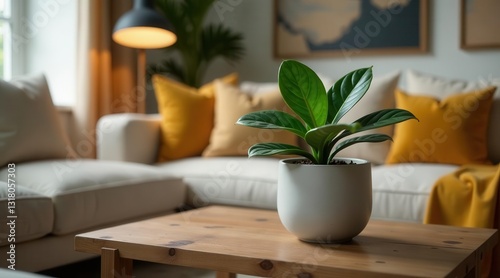 Wallpaper Mural Serene Living Room Ambiance Featuring a Lush Green Plant in a Modern Pot on a Wooden Coffee Table Torontodigital.ca