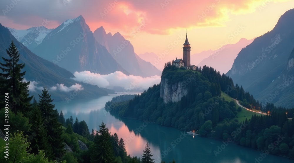 Fototapeta premium Serene Sunset Vista Majestic Castle Perched on a Mountaintop Overlooking a Tranquil Lake, Surrounded by Verdant Forests and Dramatic Mountain Ranges