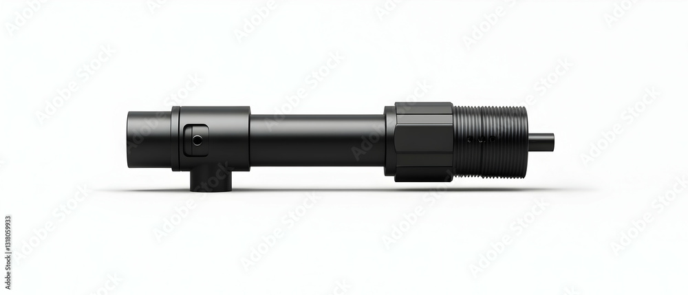 Side View Of A Black Mechanical Component On White Background With Detailed Intricate Design In Studio Lighting
