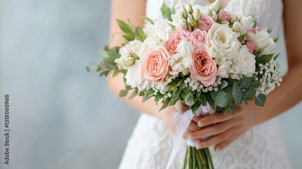 Bride holding elegant bouquet, soft pastel flowers with greenery, romantic wedding theme, perfect for invitations or announcements. Bride holding elegant bouquet, soft pastel flowers with greenery, romantic wedding theme, perfect for invitations or announcements.