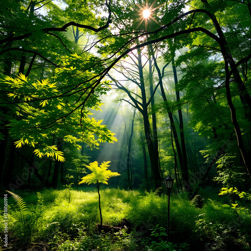 Tranquil Scene Of A Lush Forest With Sunlight Filtering Through The Canopy, Creating A Serene And Rejuvenating Atmosphere.