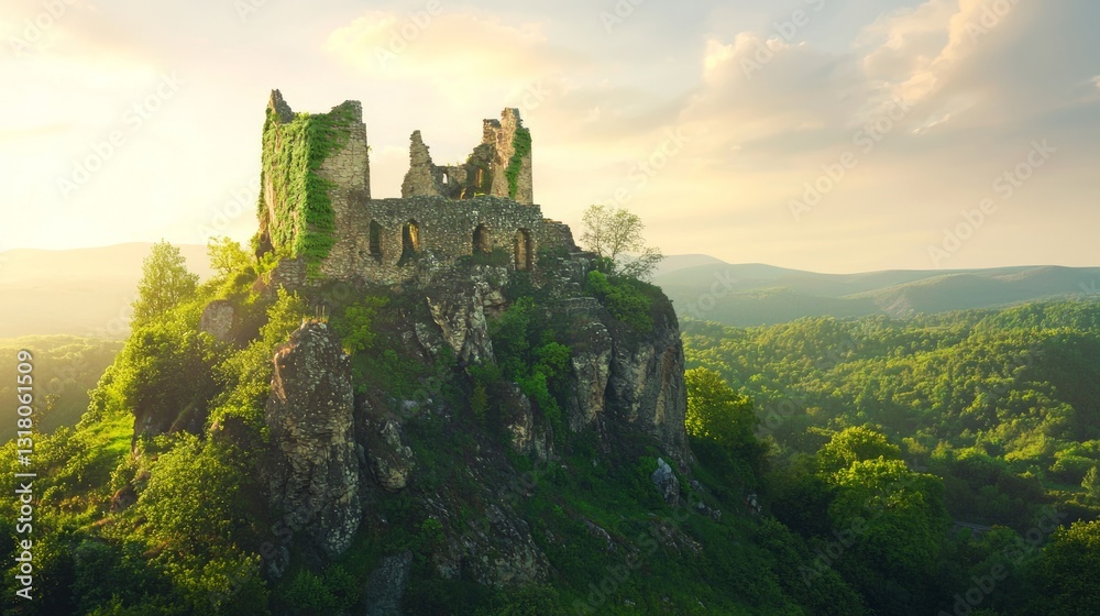 Fototapeta premium Surreal Sunlit Castle Remains on Hilltop Surrounded by Lush Greenery