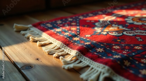 Red textile with cream-colored fringe resting on a wooden surface bathed in sunlight