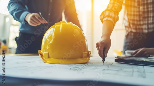 Aerial top view of engineers standing around a table, pointing at various blueprint elements.