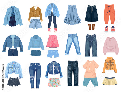 Fashionable Array: A curated collection of vibrant and stylish garments, artfully arranged to showcase diverse clothing combinations and inspire style. 