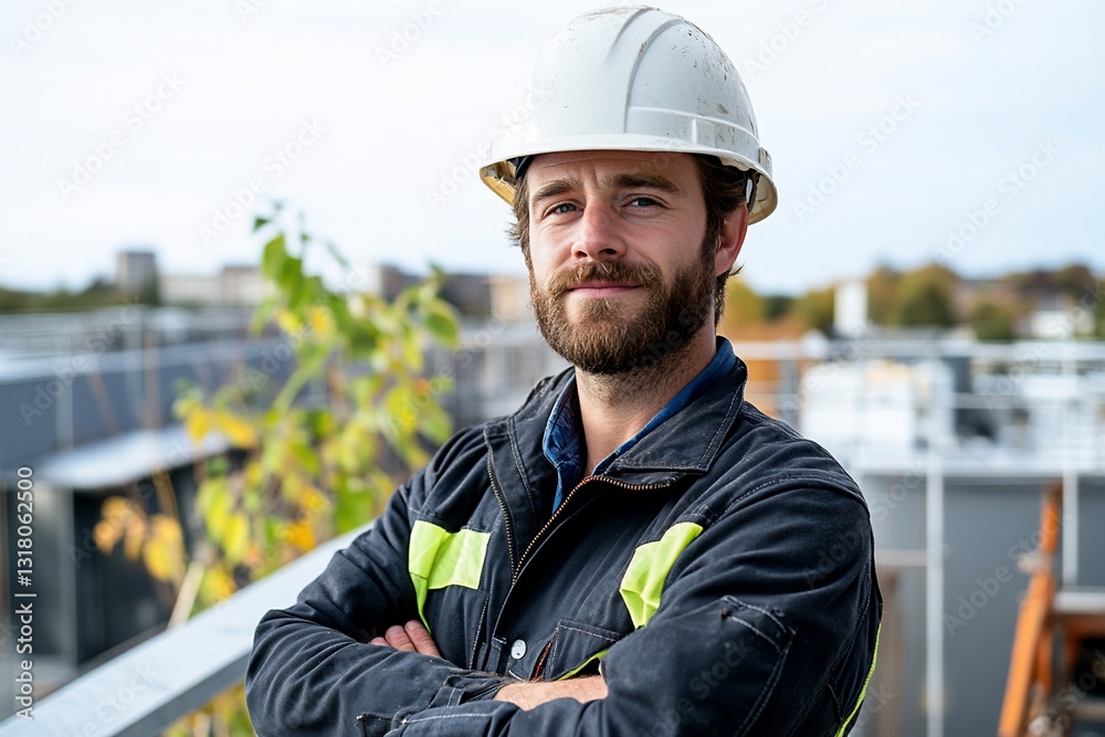 Confident construction worker on the rooftop with arms crossed, uses in industry Confident construction worker on the rooftop with arms crossed, uses in industry