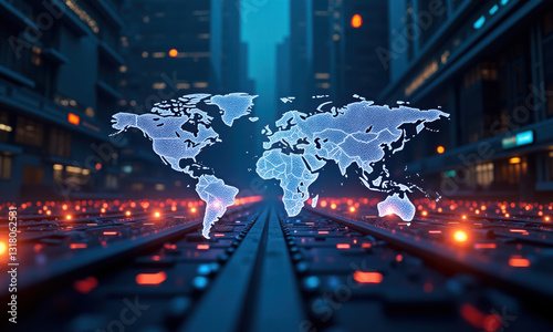 Global Network, World Map, Digital Connectivity - Futuristic techno.