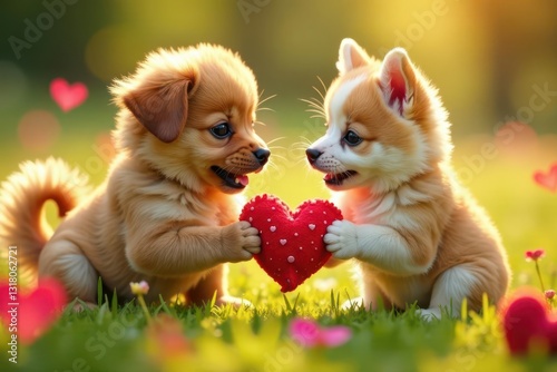 Two adorable puppies sharing a heart-shaped toy in a sunlit meadow, symbolizing friendship and affection
