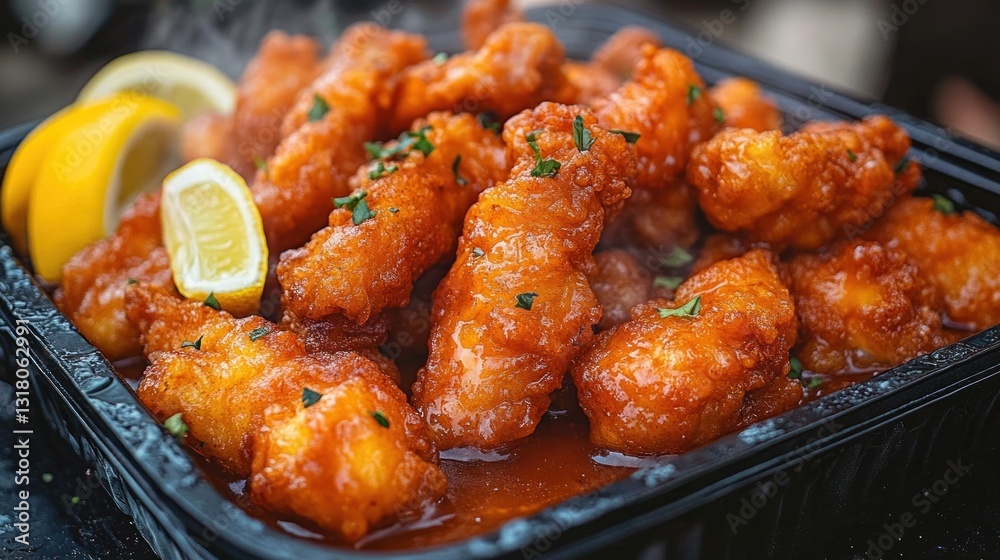Steaming Spicy Chicken Bites, Outdoor Food Stall Steaming Spicy Chicken Bites, Outdoor Food Stall