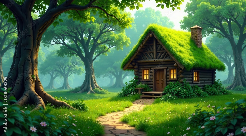 Enchanted Forest Cabin Retreat A Serene Log Home with a Verdant Roof Nestled Amongst Lush Greenery and a Winding Stone Path Enchanted Forest Cabin Retreat A Serene Log Home with a Verdant Roof Nestled Amongst Lush Greenery and a Winding Stone Path