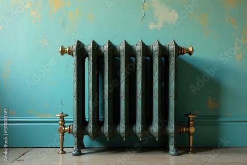 Ornate teal radiator against a teal wall with gold accents