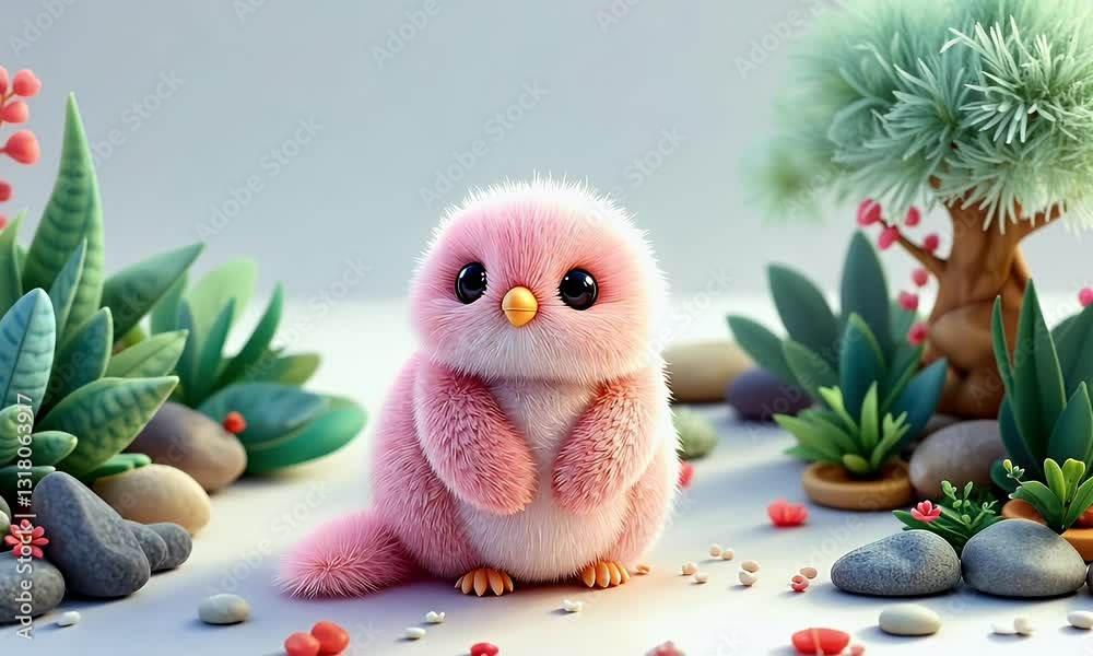 Adorable Pink Fluffy Chick Among Succulents and Rocks