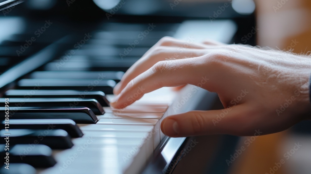 Obraz premium A hand playing the piano with elegant finger placement