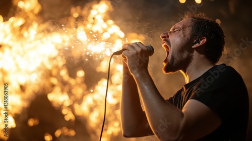 A heavy metal vocalist performing with intense energy and pyrotechnics