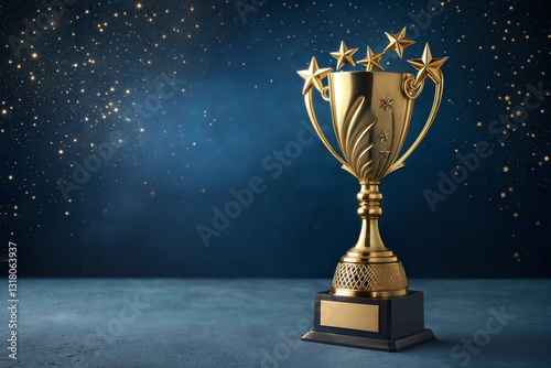 Elegant gold trophy with shooting stars, awarded for first place in a competition or championship, set against a dark blue background.