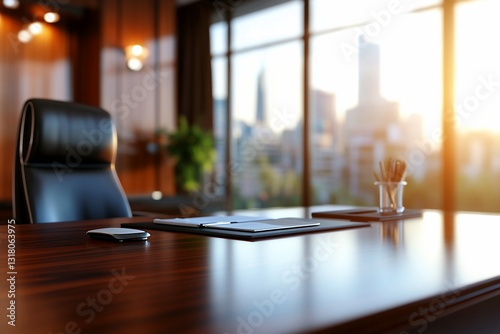 Executive office desk with city view for business presentation or background