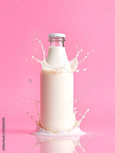 Refreshing Milk Bottle Splashing Vivid Pink Background. AI Generated