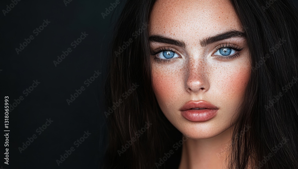 Close-up portrait of a woman with long dark wavy hair blue eyes and natural freckles showcasing beauty and striking features for fashion and beauty photography Close-up portrait of a woman with long dark wavy hair blue eyes and natural freckles showcasing beauty and striking features for fashion and beauty photography