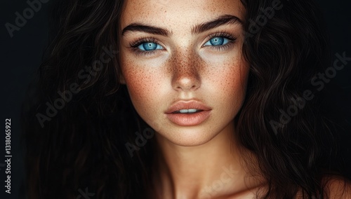 Close-up portrait of a woman with long dark wavy hair blue eyes and natural freckles showcasing beauty and striking features for fashion and beauty photography