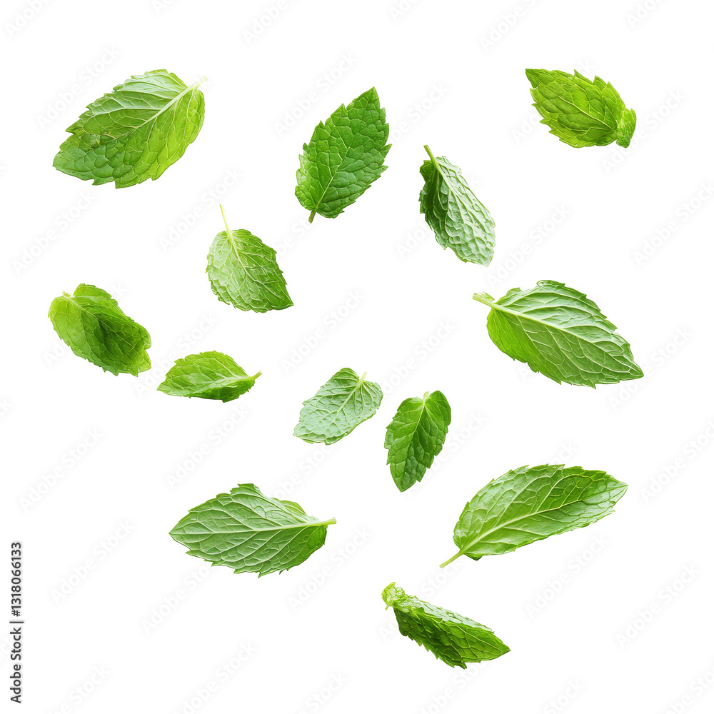 Flying fresh mint leaves isolated on transparent background for culinary and design purposes, flying fresh mint leaves isolated Flying fresh mint leaves isolated on transparent background for culinary and design purposes, flying fresh mint leaves isolated