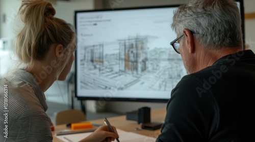 Architects sketching revised building elevations while comparing to real-time site measurements.