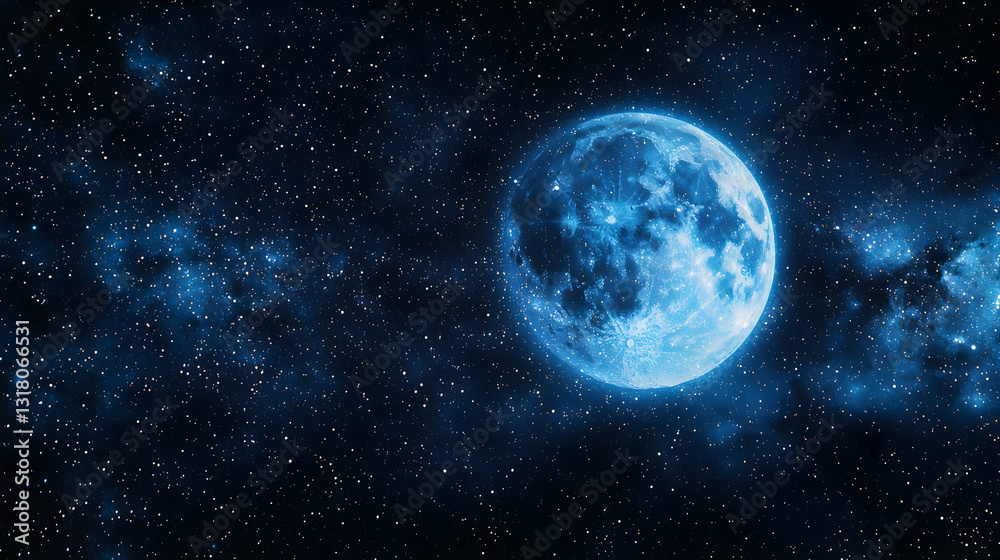 Obraz premium Luminous Blue Moon With Numerous Stars And A Nebula In Dark Night Sky