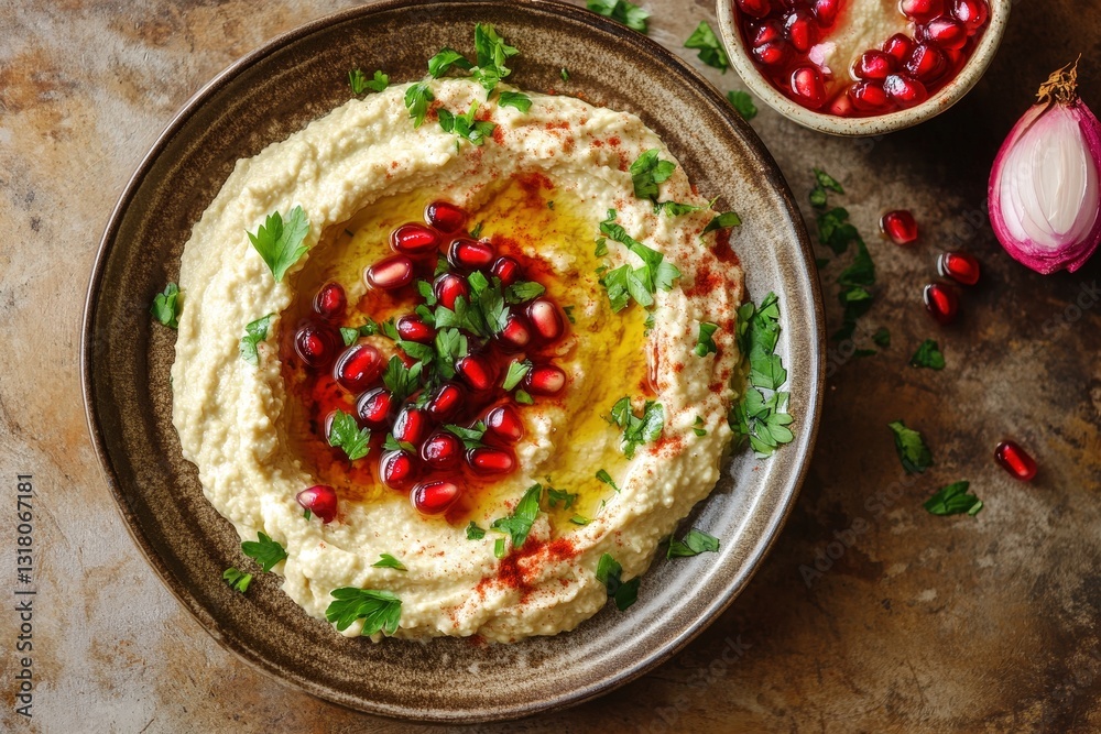 A creamy bowl of hummus garnished with pomegranate and herbs A creamy bowl of hummus garnished with pomegranate and herbs