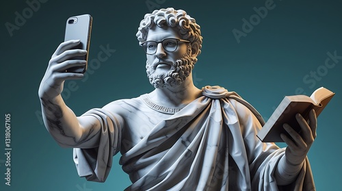 Ancient Roman or Greek style sculpture wearing toga and glasses, holding phone in one hand and book in the other, capturing the intersection of classical antiquity and contemporary digital culture


