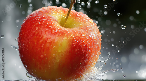 Fresh red apple with water droplets