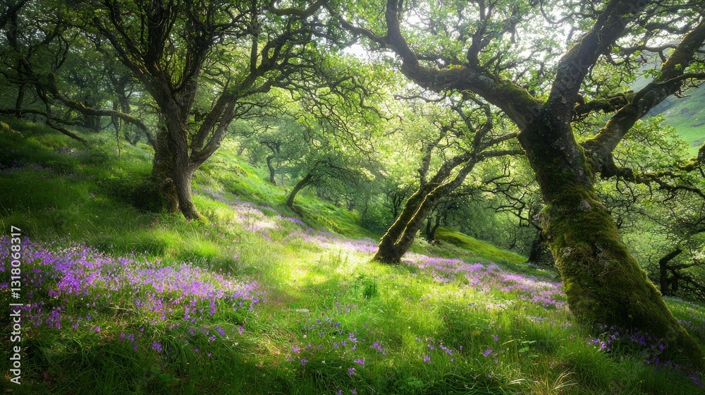 Dreamy Hidden Glen with Gently Glowing Light and Purple Flowers Dreamy Hidden Glen with Gently Glowing Light and Purple Flowers