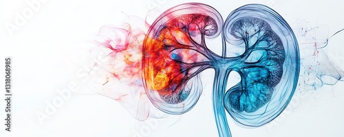 Human kidney, minimalist drawing, nephron anatomy detail, clean geometric lines, soft gradient colors, educational and anatomical focus, 8K ultradetailed photo