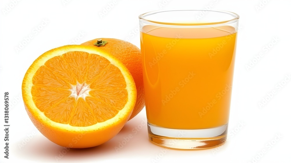 Freshly Squeezed Orange Juice with Whole Oranges on White Background Freshly Squeezed Orange Juice with Whole Oranges on White Background