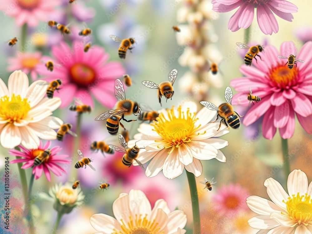 Honeybees in Watercolor Flower Garden Buzzing Honeybees in Watercolor Flower Garden Buzzing